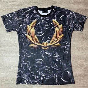 New, Black Roses T-Shirt sz L.  Allover Print Sublimation Mens Olive Branch Gold